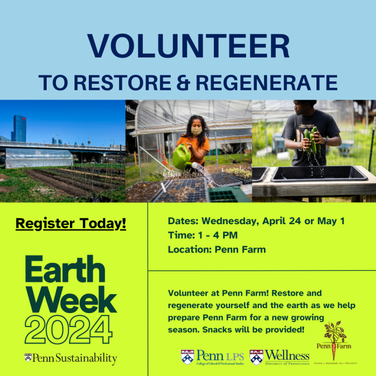 Colorful flyer for Penn Farm volunteer event