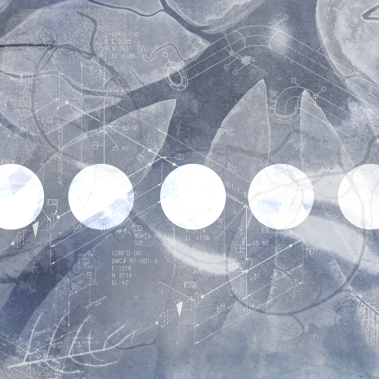 Abstract graphic with several white circles aligned over blue and gray textures