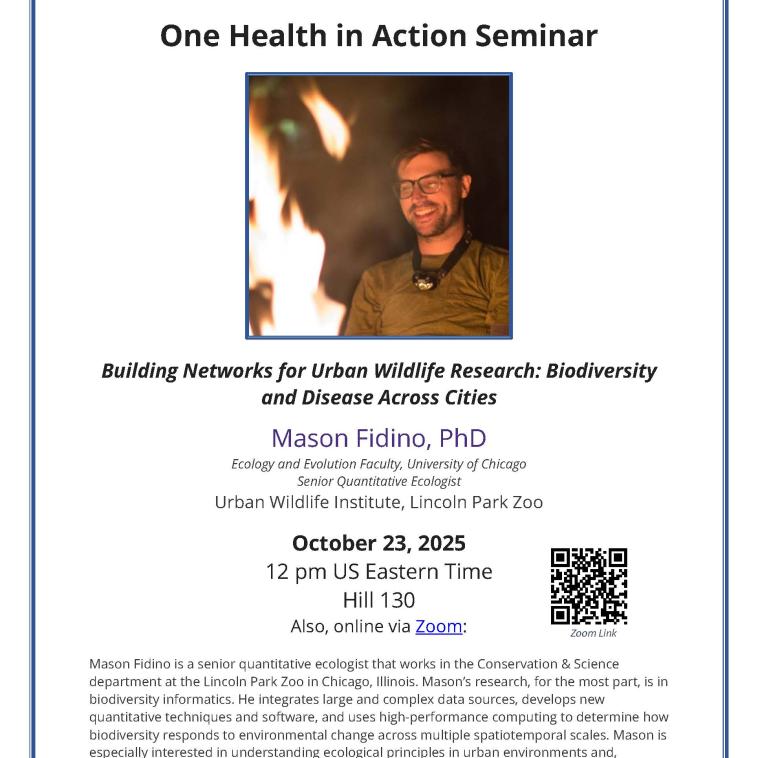 Flyer featuring a photo of Mason Fidino, PhD, Ecology and Evolution Faculty, University of Chicago
