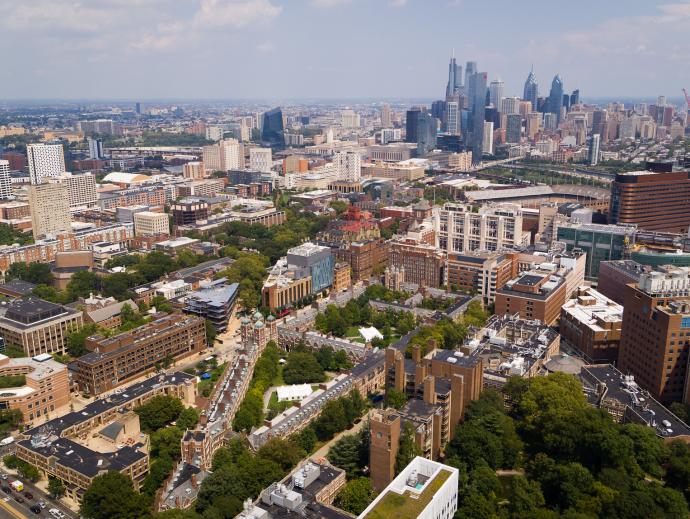 aerial view of penn campus facing east