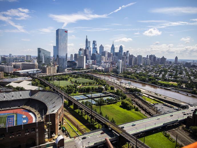 A view of Penn Park and the City Skyline