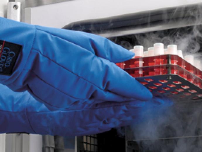 gloved hands are pulling a rack of lab containers from a freezer