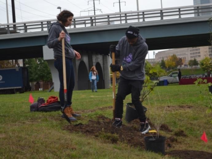 Two students digging a hole to plant a tree at Penn Park