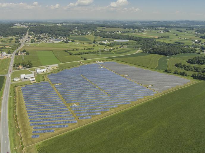 Overhead view of a large field of solar panels