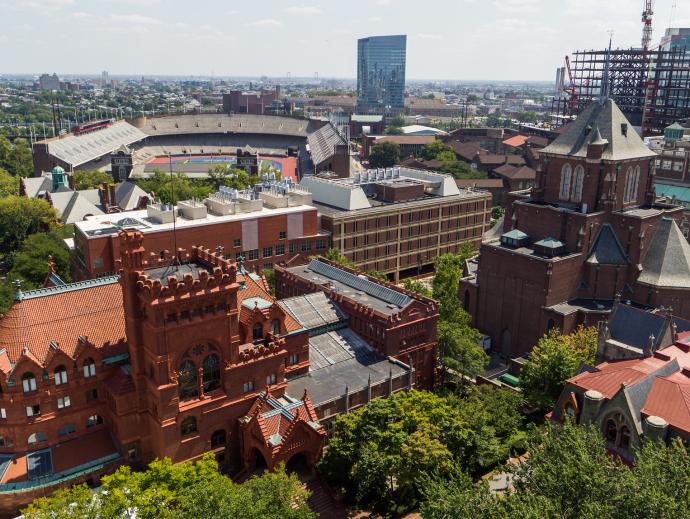 Overhead campus shot, Fisher Fine Arts Library in foreground