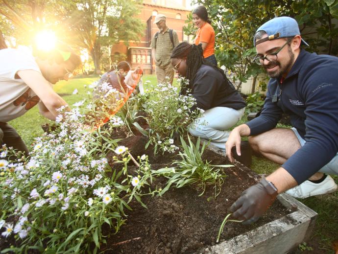 Students working in garden