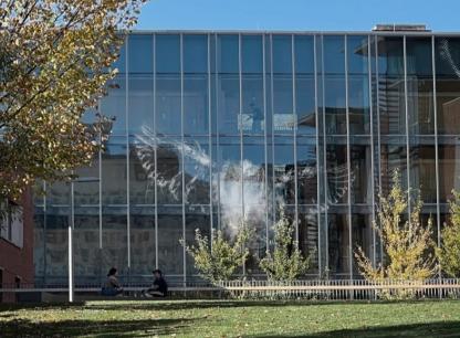 Mockup of exterior window film designed to reduce fatal bird strikes