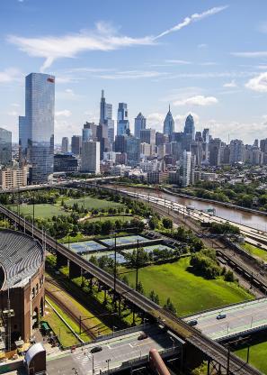 A view of Penn Park and the City Skyline